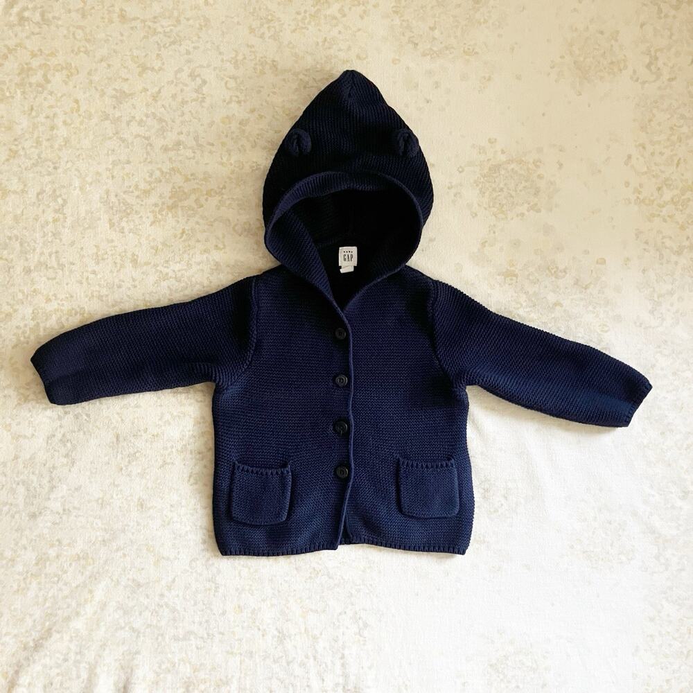 babyGap 18-24M Bear Hooded Cardigan Sweater Navy Blue Pockets Unisex Boys Girls